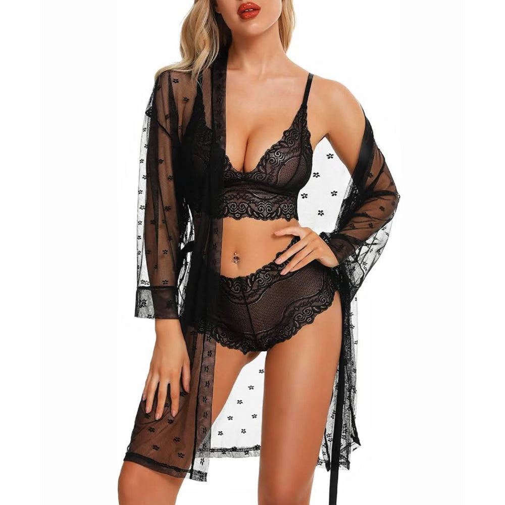 3-Piece Floral Lace Lingerie Set with Sheer Mesh Robe Elegance Allure & ComfortS