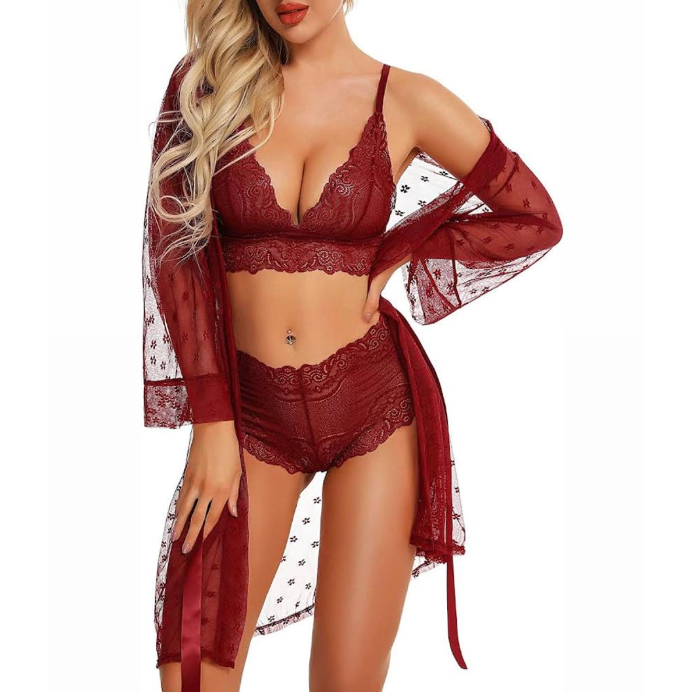 3-Piece Floral Lace Lingerie Set with Sheer Mesh Robe Elegance Allure & ComfortS