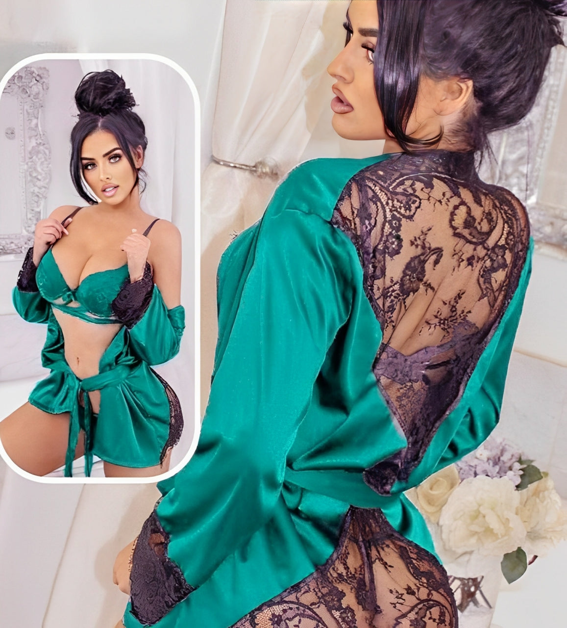 Elegant 3-Piece Lace & Satin Lingerie Set Luxurious Stylish Sleepwear