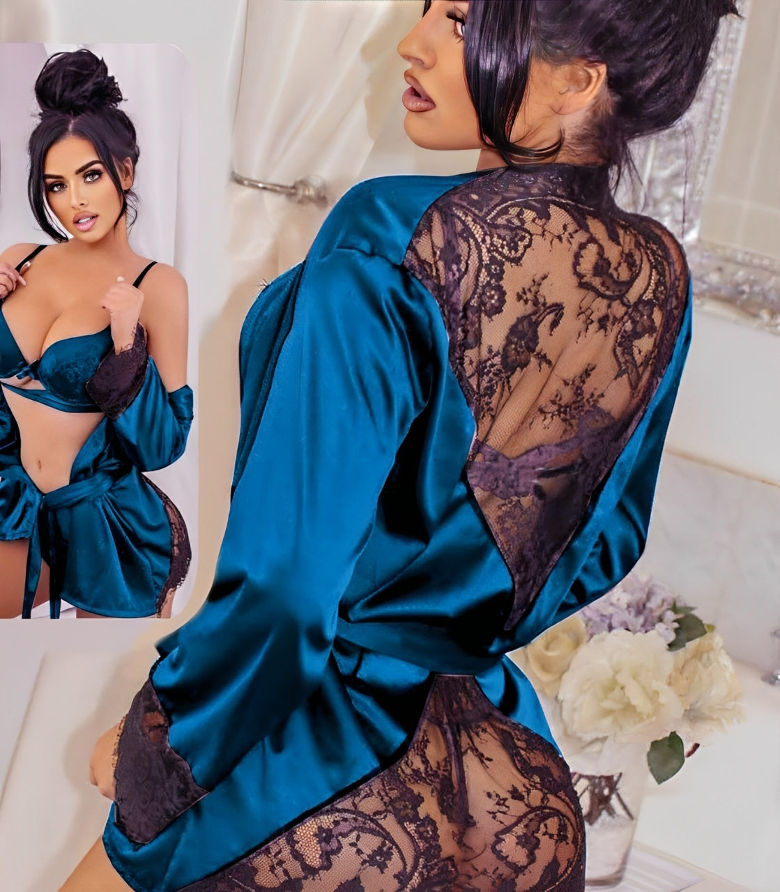 Elegant 3-Piece Lace & Satin Lingerie Set Luxurious Stylish Sleepwear