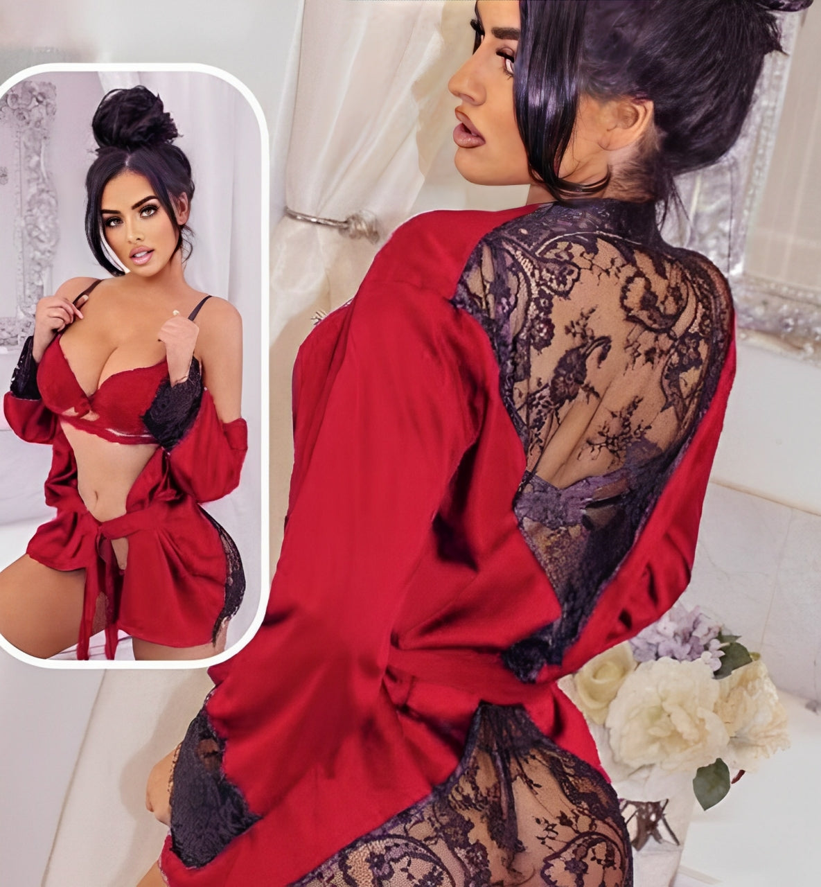 Elegant 3-Piece Lace & Satin Lingerie Set Luxurious Stylish Sleepwear